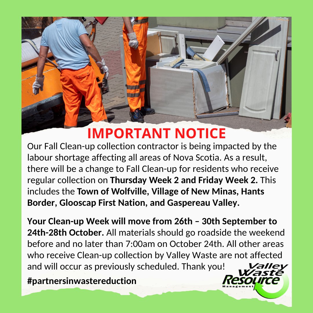 Cleanup Week Date Change from Valley Waste Town of Wolfville, Nova